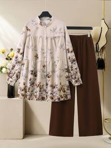 Lacomfia Ensemble 2 pièces grande taille pour femmes, Top à manches longues imprimé floral et pantalon de couleur unie. Tenue décontractée confortable. - Marron - Voir 1