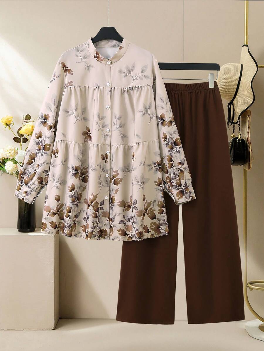 Lacomfia Ensemble 2 pièces grande taille pour femmes, Top à manches longues imprimé floral et pantalon de couleur unie. Tenue décontractée confortable. - Marron - Voir 1