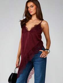 MISSGUIDED 女士缎面不对称蕾丝边吊带背心深V领无袖上衣晚礼服叠穿 - 酒紅色 - 查看 5