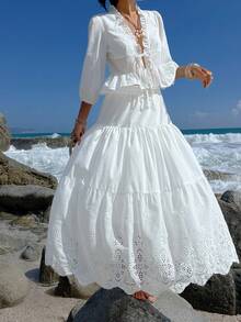 Livesso 春夏提花荷叶边系带露脐上衣和镂空半裙两件套，休闲海滩度假风女装 - 白色 - 查看 4