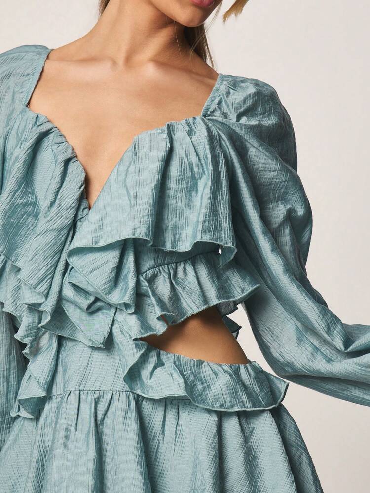 MISSGUIDED Ruffle Puff Sleeve Mini Dress With Cut Out Waist V Neck Tiered Flowy Party Evening Feminine Boho Spring Summer