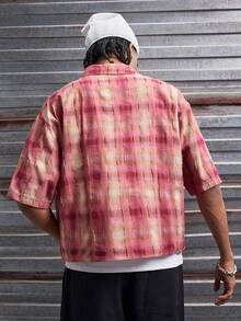 AXEPEAK 男士格子印花短袖单排扣休闲衬衫 - 粉色 - 查看 2