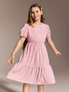 SHEIN Sparklyn Tween Girls' Summer Casual Hollow Out Embroidery Puff Sleeve Dress - Baby Pink - View 1