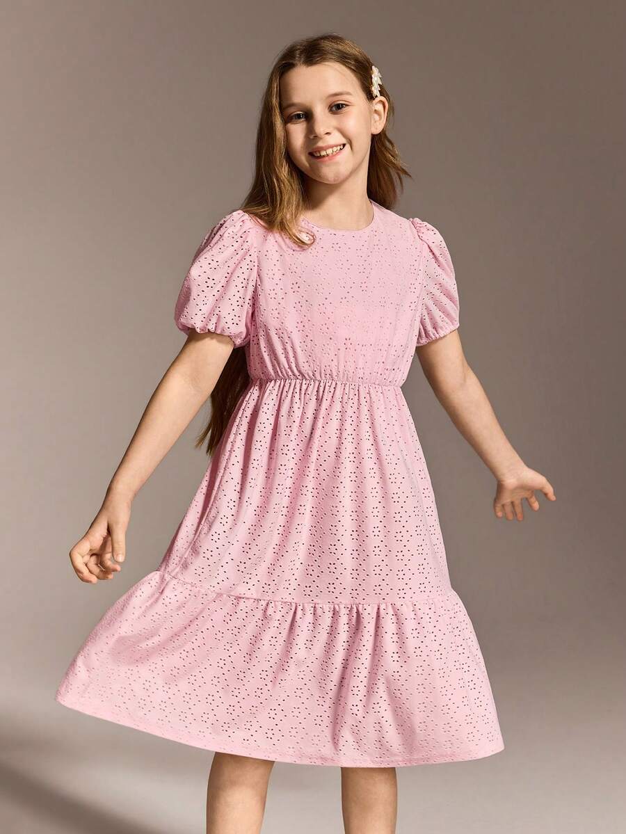 SHEIN Sparklyn Tween Girls' Summer Casual Hollow Out Embroidery Puff Sleeve Dress - Baby Pink - View 1