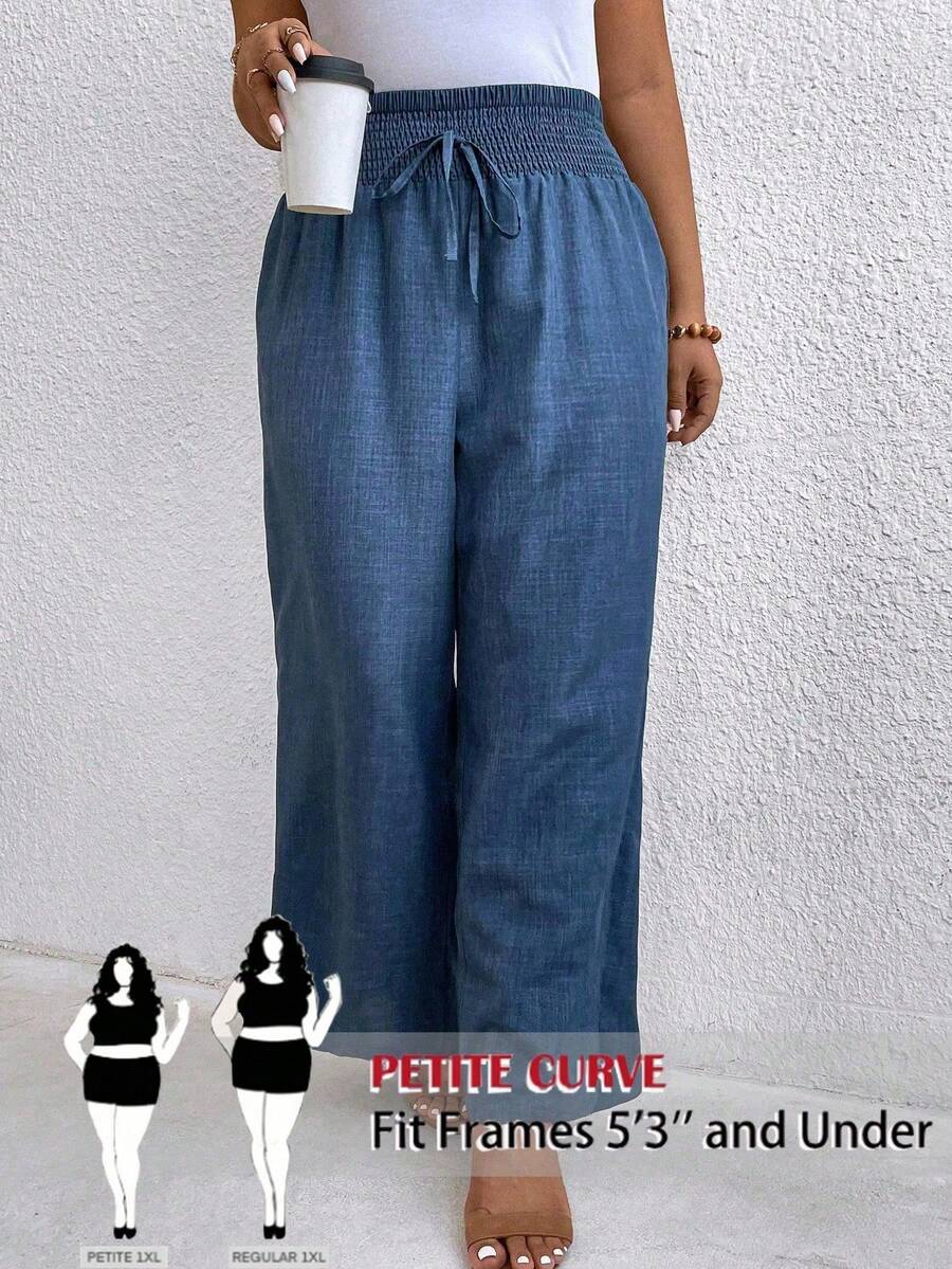 SHEIN PETITE CURVE 大码女式弹力腰休闲裤，春夏款 - 藍色 - 查看 1