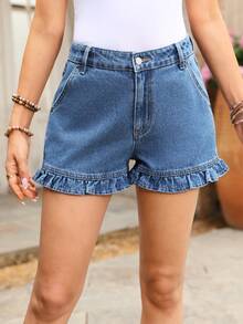 EMERY ROSE Shorts vaqueros casuales de mujer con dobladillo con volantes, para verano - Azul - Ver 7