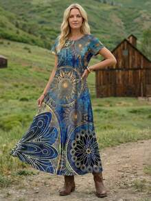 SHEIN LUNE Women's Casual Retro Pattern Spring/Summer Dress, Gradient Print, Round Print Chic Dress - Multicolor - View 4