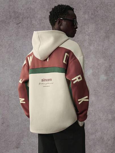 STYNVO Plus Size Men's Letter Print Casual Contrast Color Hoodie Color Block Hoodie Men's Graphic Hoodie Streetwear Hoodies Letter Print Hoodie Oversized Hoodie