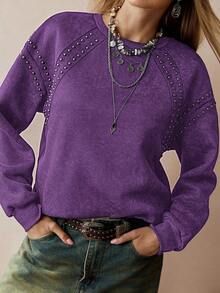 Florisole Women's Elegant Casual Studded Faux Distressed Print Sweatshirt - Purple - View 3