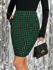 SHEIN Ellevyn Women's Elastic Knit Plaid Print Bodycon Skirt, Elegant For Daily Wear And Holidays - Green - View 7