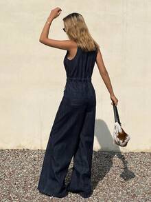 DAZY Women's V-Neck Lace Patchwork Cinched Waist Wide Leg Jumpsuit, Casual Loose Fit Vacation Style Denim Romper - Dark Wash - View 6