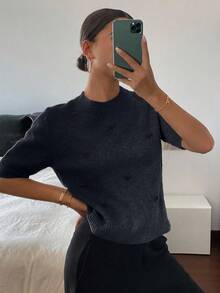 DAZY Heart Decor Loose Fit Short Sleeve Round Neck Casual Knit Top For Women, Spring/Autumn - Navy Blue - View 3