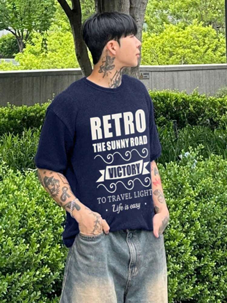 Men's Letter Print Crew Neck T-Shirt, Navy Blue, Summer