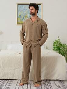 DAZY Men's Casual Shirt And Pajama Set, Suitable For Spring And Autumn - Khaki - View 4