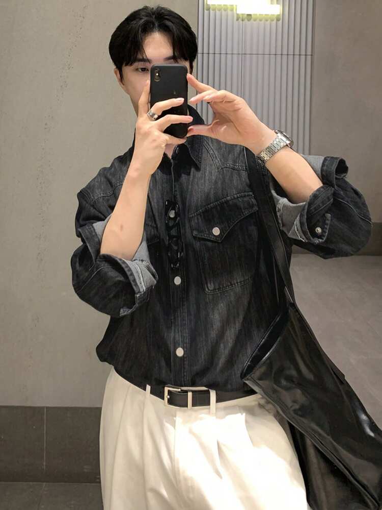 Men's Washed Vintage Black Denim Jacket, Suitable For Spring And Autumn