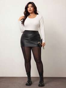 Enliva Collants en maille à taille élastique de couleur unie pour femmes grandes tailles, pour la forme de corps arrondie, pour l'été - Noir - Voir 5