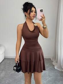 Elenzga Spring/Summer New Design Spaghetti Strap Metal Buckle Knit Fabric Elastic Waist Brown Sexy Chic Layered Hem Women's Dress - Brown - View 4