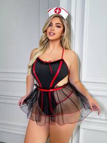 Spicy Aura Plus Size Women Sexy Nurse Cosplay Lingerie Set, 3pcs - Black - View 3
