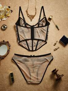 PinupPomp 2pcs Black Embroidery Patchwork Mesh Fishbone Slim Fit Women Lingerie Set - Multicolor - View 2