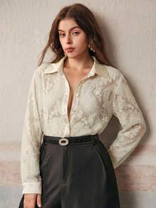 Anewsta Camisa holgada de mujer de talla grande con diseño de quemado de terciopelo, retro y casual, adecuada para otoño, invierno, salir, elegante, formal, chic, Año Nuevo, Navidad, graduación, boda, atuendo de negocios, casual - Albaricoque - Ver 4