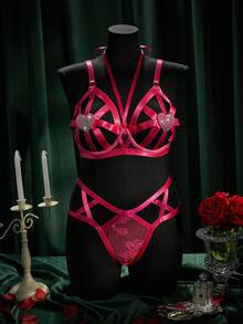 SpicyHot 2 piezas Conjunto de lencería sexy con parches de cinta - Rosa Fucsia - Ver 5