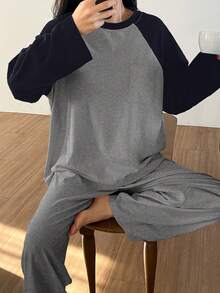 DAZY 2件套女士撞色插肩袖宽松T恤和裤子睡衣套装，秋季 - 藏蓝色 - 查看 6