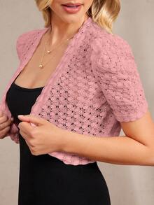 Amorya Women's Dusty Pink Elegant Lace Short Sleeve Open Front Bolero Shrug,Ellegant Wedding Guest Summer Knitted Thin Jacket Cardigan Cover Up Top - Pink - View 7