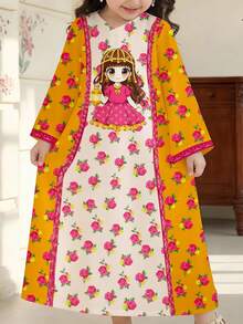 SHEIN White & Yellow, Cute Elegant Fashion Contrast Color Udan Rose Pattern Print, Prayer Abaya, Baby Girls Casual Minimalist Round Neck Loose Traditional Long Sleeve Arabic Robe Dress Suitable For Spring/Summer, Elegant Fashion Long Sleeve Maxi Dress, Baby Girl Prayer Abaya, Easy Comfort, Casual Wear, Modest Kaftan, Baby Girl Jalabiya, New Style, Floral Baby Girls Jalabiya - Multicolor - View 6