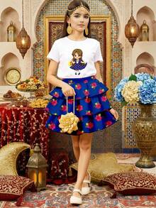 2 Stücke/Set Outfit für Kleine Mädchen, Mädchen Weißes Kurzarm T-Shirt mit Laternendruck und blauer Blumen-Rüschenrock, von Nahost inspirierte Mode - Verschiedenfarbig - Übersicht 6