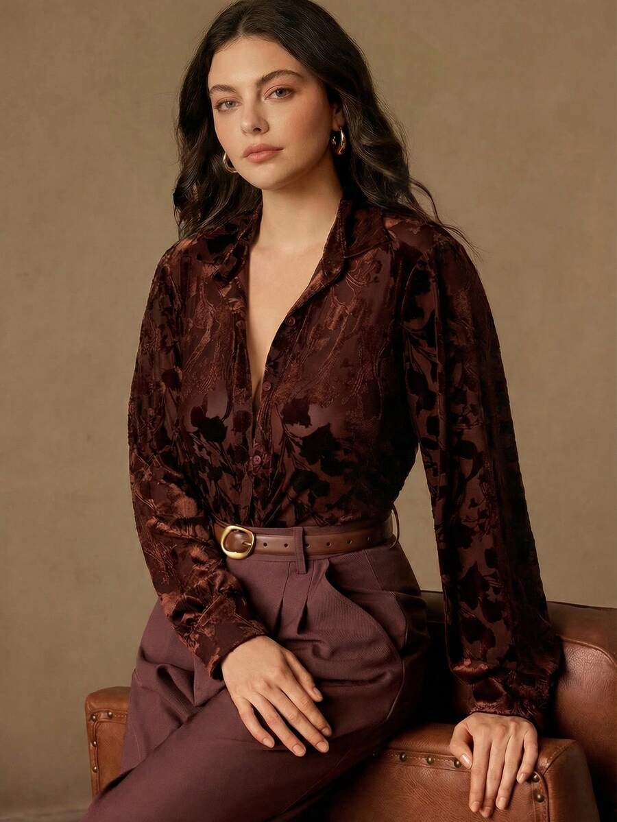 Anewsta Plus Size Soft Velvet Burnout Loose Casual Rust Shirt (Skin-Friendly & Soft) - Rust Brown - View 1