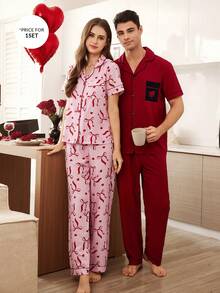 CoupledUp Contrast Color Heart Embroidery Pocket Men's Polo Collar Short Sleeve Pajama Set - Burgundy - View 3