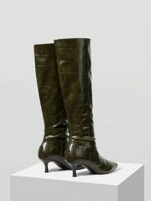 MOTF PREMIUM WOMEN CROCODILE EMBOSSED POINT TOE KNEE-HIGH BOOTS VALENTINE'S DAY - Olive Green - View 8