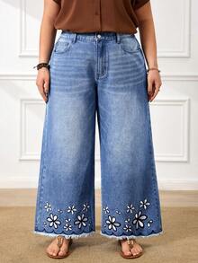 EMERY ROSE Damen Große Größen Lässig Jeans mit weitem Bein und Stickerei - Helle Waschung - Übersicht 6