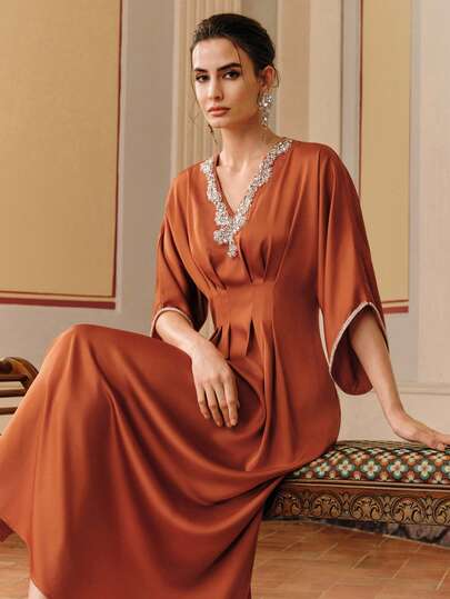 Anewsta Kaftan Robe, New Spring/Summer Vintage Beaded Collar, Crystal Embellished Cuff, Long Women Kaftan Dress