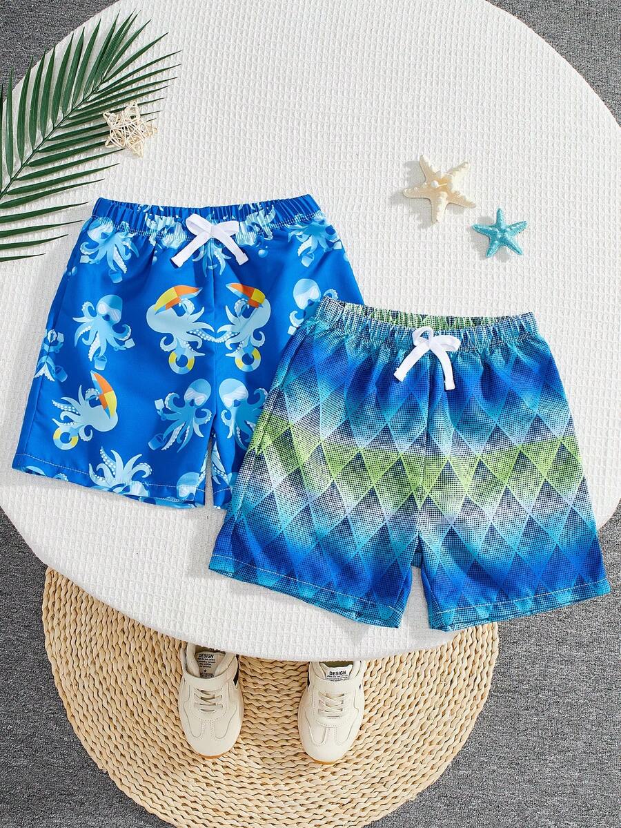 SHEIN 2件套男童休闲舒适时尚简约实用可爱柔软透气短裤,适合度假、日常、上学、旅行、运动、春夏季男童泳装 - 彩色 - 查看 1