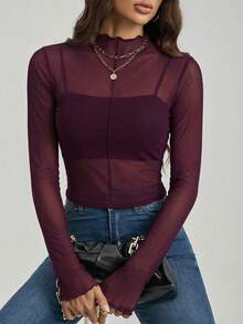 SHEIN Tall 女款素色透視網紗長袖上衣，適合高個女性 - 中紫紅色 - 查看 4