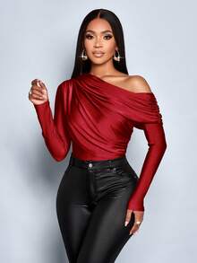 SOLERSUN 秋冬女装，休闲日常，优雅通勤，派对装，杏色，浅卡其色，光泽针织面料，露肩不对称领口，肩部褶裥，弧形拼接，长袖，连体衣 - 酒紅色 - 查看 3