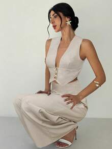 Firerie 2pcs Women Elegant Casual Minimalist Commute Office Daily Vacation V-Neck Sleeveless Blue & White Striped Tank Top & High Waist Wide Leg Straight Blue & White Striped Pants Set, Hawaii Vacation Outfit, Beach Outfit, Airport Outfit, Teacher Outfit - Apricot - View 1