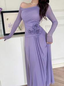 Feyla Women's Solid Color Asymmetric Neckline Ruched Long Sleeve Dress - Purple - View 4