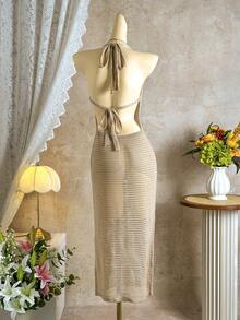 Soleia 女士夏季度假沙滩垂褶领露背罩衫连衣裙 - 卡其色 - 查看 2