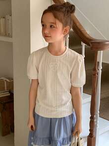 DAZY Tricou de vară pentru fete preadolescente, cu guler rotund, casual, lejer, cu mânecă scurtă - Bej - Vizualizare 1