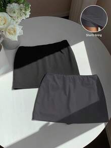SHEIN EZwear Bộ 2 món quần short và váy xếp ly dệt kim cho nữ, váy ngắn có quần lót bên trong, váy thể thao, váy có quần short bên trong, váy nỉ. - Màu xám đen - Xem 7