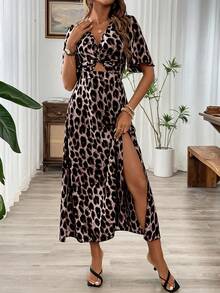 Breezaya 女士夏季豹纹扭结前领露背开衩连衣裙长款女装 - 咖啡棕 - 查看 5