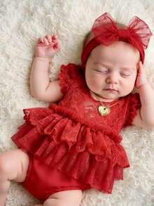 SHEIN Newborn Girl Red Lace Romper Photography Outfits With Bow Headband Baby Photography Outfits Valentine's Clothes Newborn Lace Photography Outfit Baby Girls Photography Sets Newborn Red Dress Red Headband Baby Newborn Baby Girl Clothes Newborn Photography Outfit Baby Girl Photography Sets - Red - View 4
