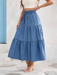 Vivid Eden Loose Casual Elastic Waist Women's Long Denim Skirt, Blue - Light Wash - View 5