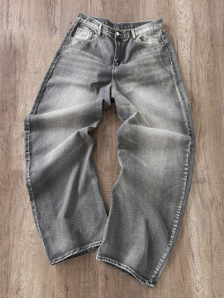 Manfinity Joysei Quần jeans denim ống rộng màu xanh nhạt rách rưới phong cách đường phố Y2K dành cho nam. - Màu Xám nhạt - Xem 1