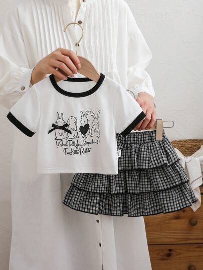 2pcs Baby/Baby GirlCute Rabbit Print T-Shirt Top With Bow Decor And Vintage Plaid Cake Skirt Set