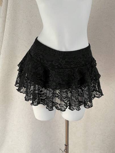 Attitoon Casual Vintage Fashionable Y2K Sexy Asymmetrical Ruffled 3-Layer Lace Trim Skirt Pants, Black, Suitable For Party, Airport, Spring/Summer, Comfortable
