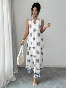 Rafferiza New V-Neck Sleeveless Printed Casual Vacation Dress - Apricot - View 3