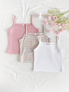 Vintaside Kids 3pcs/Set Older Tween Girl' Summer New Solid Color Slim Fit Ribbed Camisole - Multicolor - View 5